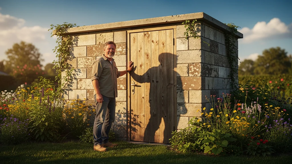 Abri de jardin en blocs de réemploi après deux ans, durable et bien intégré au jardin verdoyant