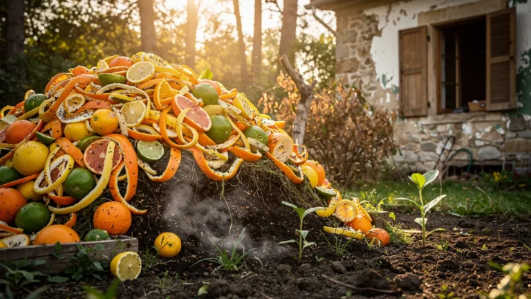 Tas de compost d’agrumes en décomposition lente dans un jardin ancien rénové naturellement