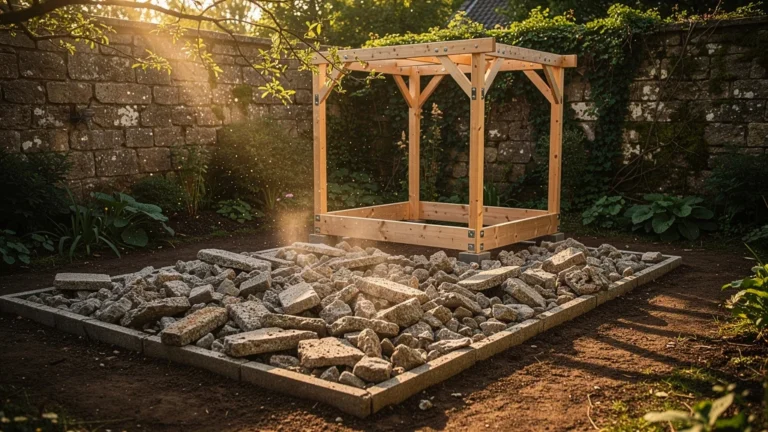 Dalles de béton concassées réutilisées en fondation d'abri dans un jardin ancien rénové