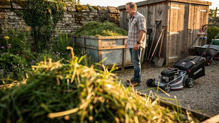 Homme de 46 ans jetant ses tontes en déchèterie avant de découvrir le mulching durable du jardin