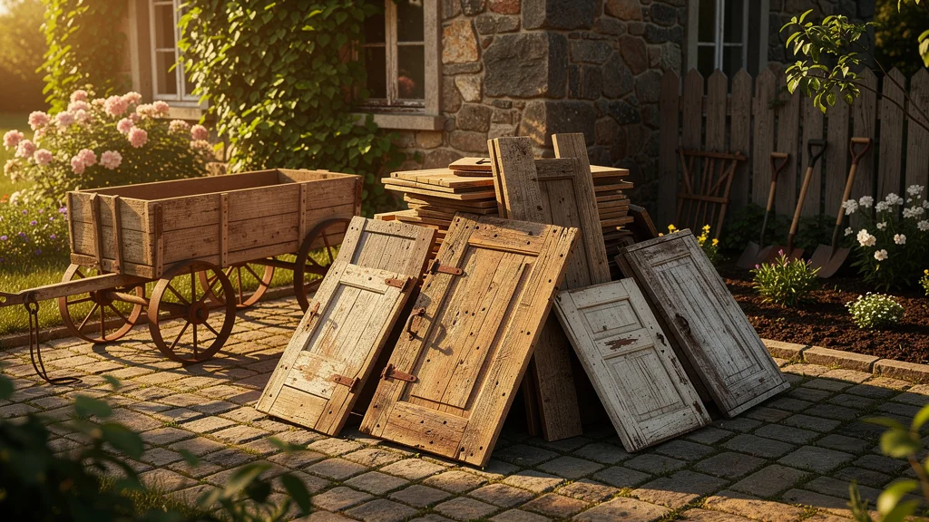 Piles de bois et portes récupérées par une ressourcerie dans un jardin ancien, ambiance lumineuse et rustique