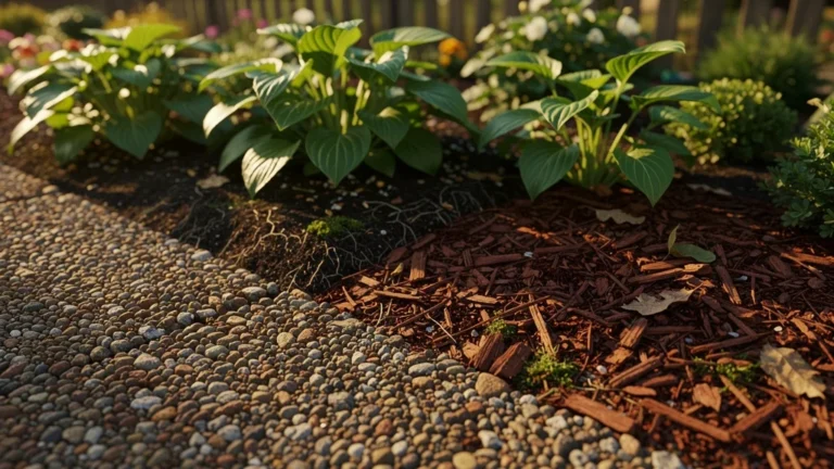 Comparaison mulch gravats et paillage écorce au pied des massifs dans un jardin en rénovation