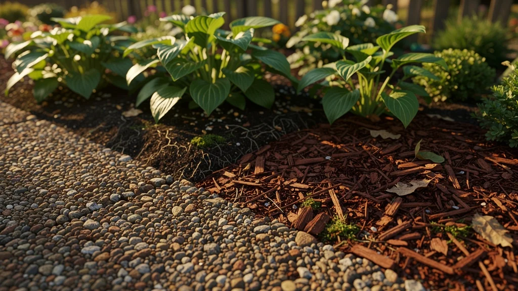 Comparaison mulch gravats et paillage écorce au pied des massifs dans un jardin en rénovation