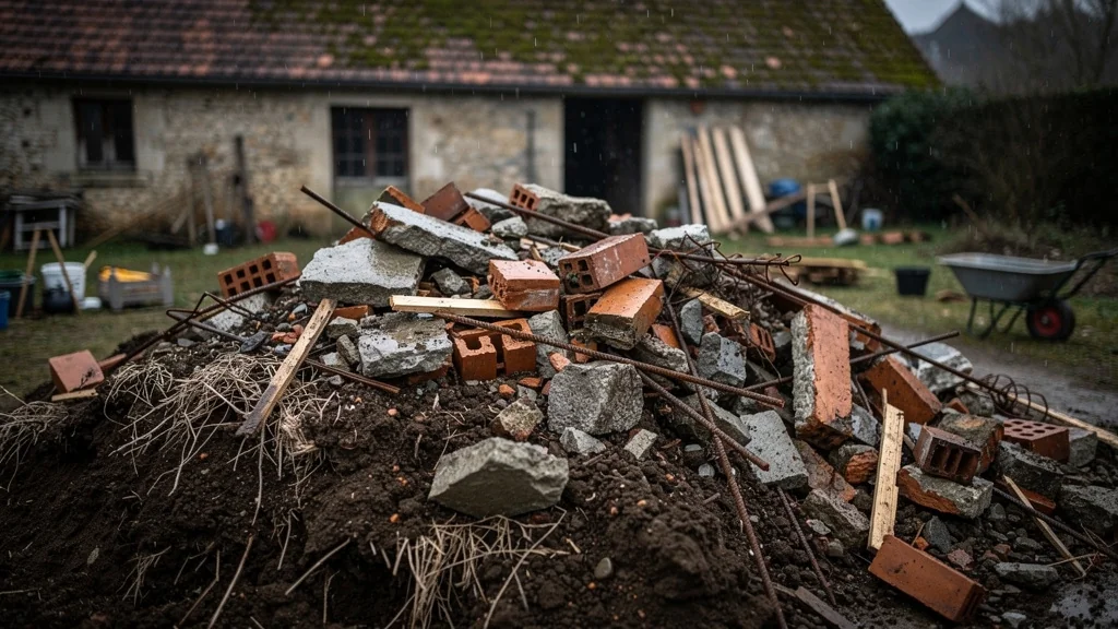 Tas mélangé de gravats et terre végétale sans tri formant un remblai inutilisable en rénovation