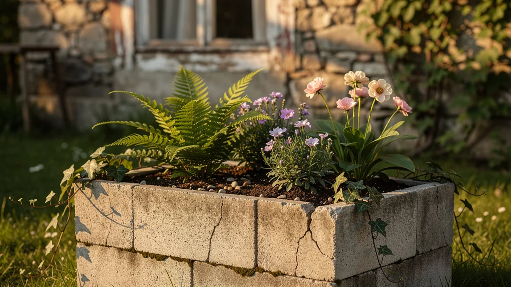 Jardinière en parpaings de réemploi après deux ans, jardin ancien rénové durablement