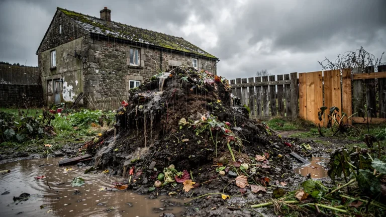 Compost négligé partiellement lessivé par les pluies d'ouest dans un jardin ancien sous la pluie