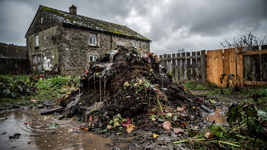 Compost négligé partiellement lessivé par les pluies d'ouest dans un jardin ancien sous la pluie