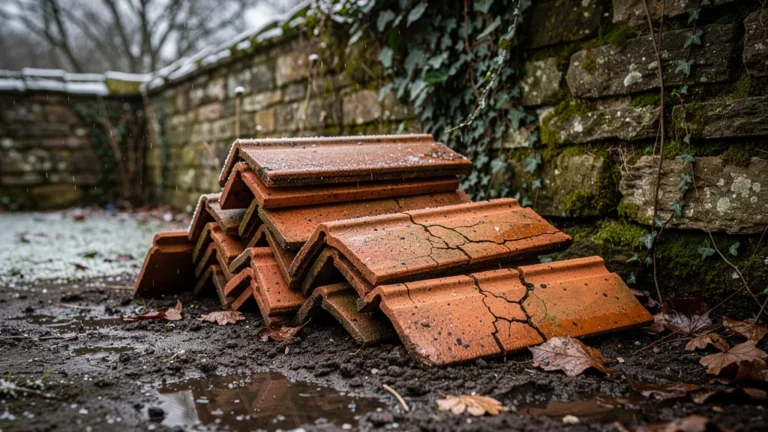 Tas de tuiles récupérées posées au sol, moitié fendue par le gel en jardin ancien
