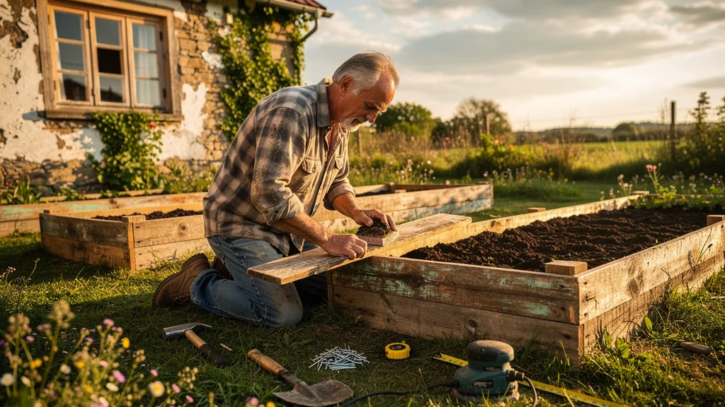 Transformation de vieilles palettes en bordures de potager rustiques lors d’un week-end bricolage