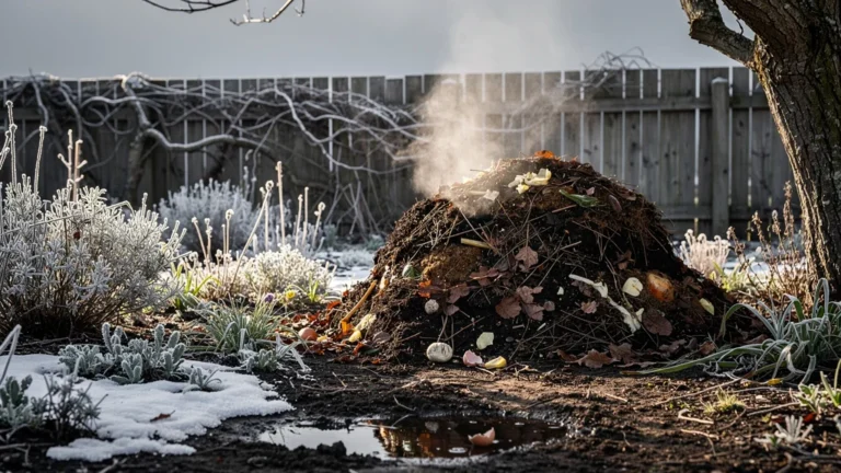 Compostage en tas en hiver dans un jardin rustique, observation d’un composteur amateur