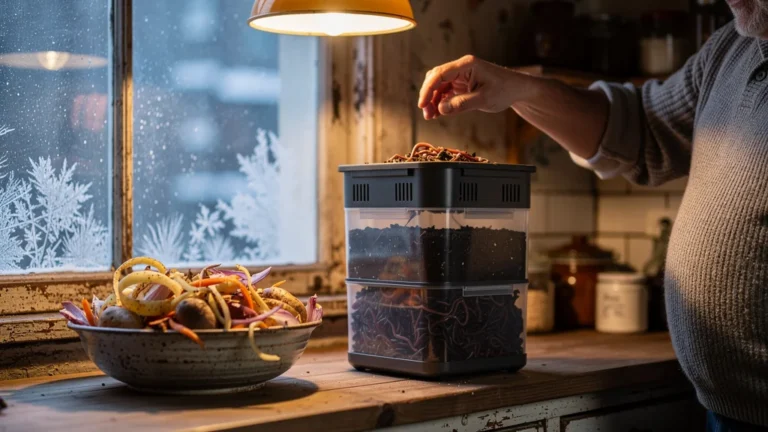 Lombricomposteur d'appartement en hiver avec épluchures prêt à être compostées dans une cuisine chaleureuse